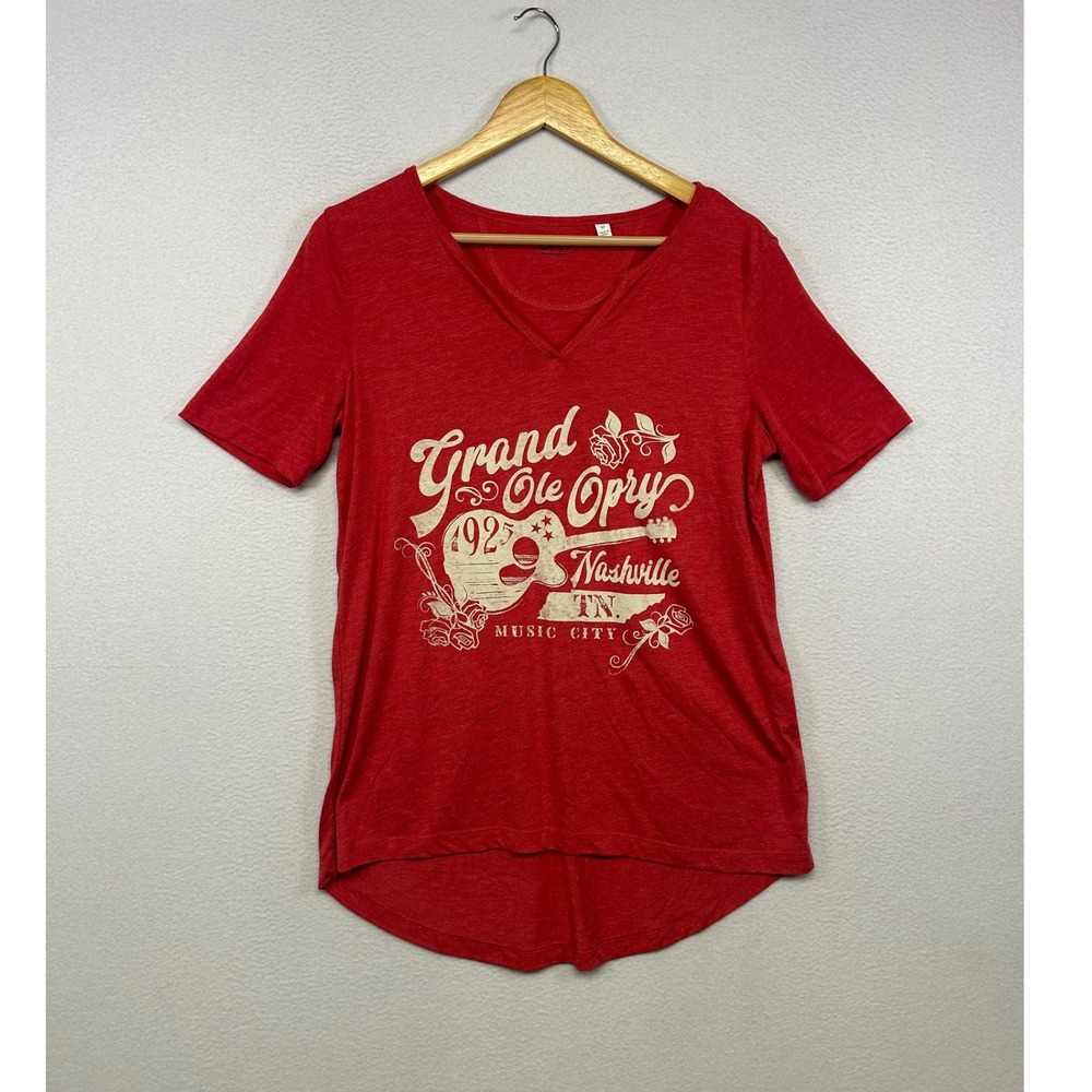 Country Music Nashville Grand Ole Opry Womens Medium Red V-Neck Graphic T-Shirt